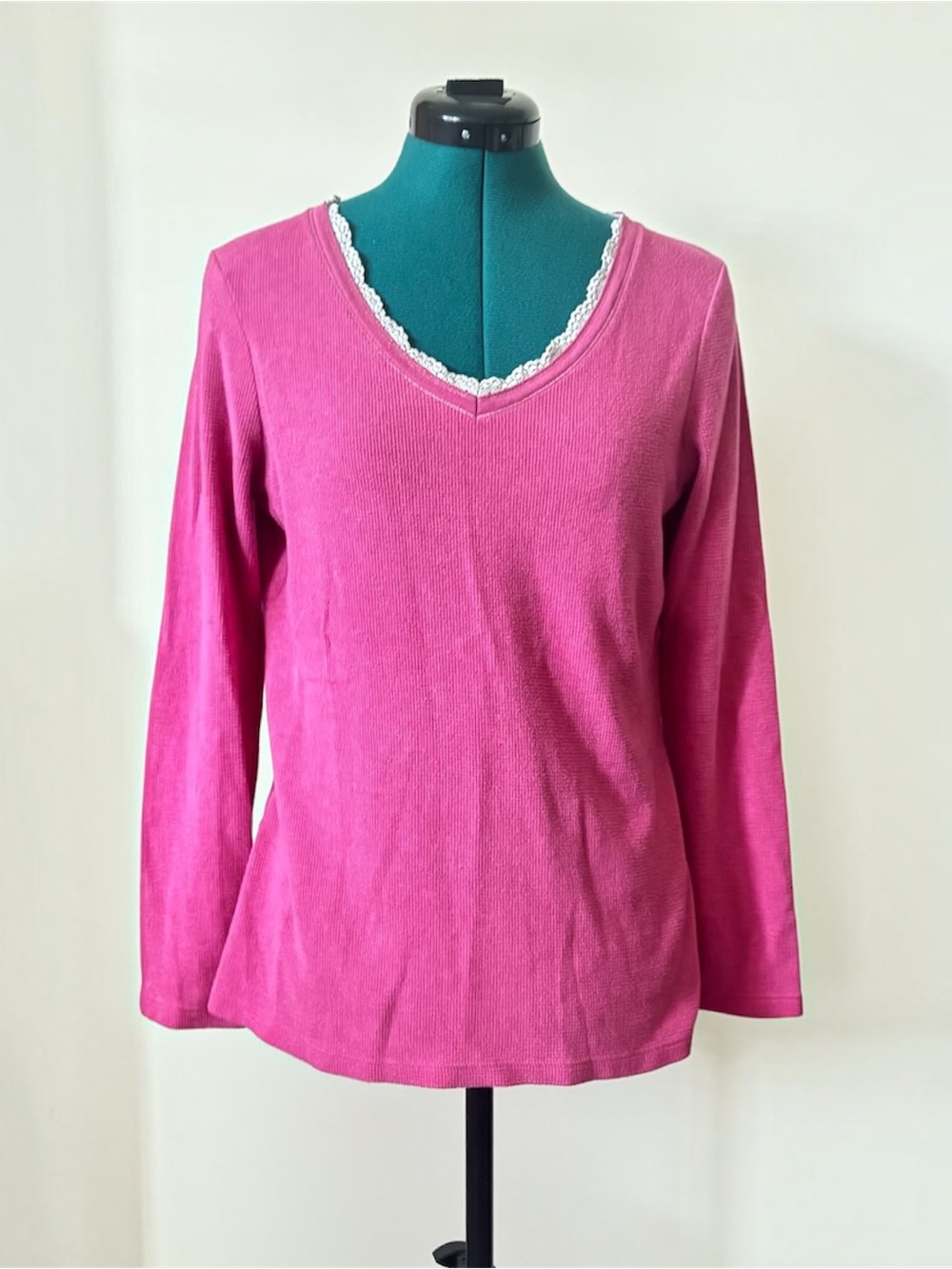 Sonoma Life + Style Pink Lace Trim V-Neck Long Sleeve Waffle Knit Top Size L